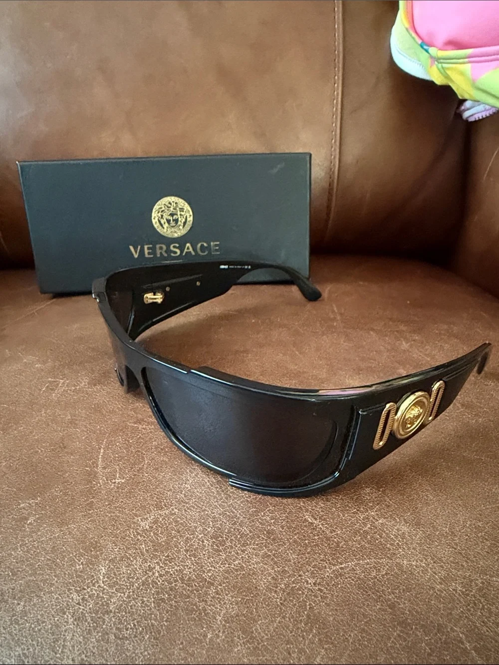 Versace Black Sunglasses with Gold Medallion Accent